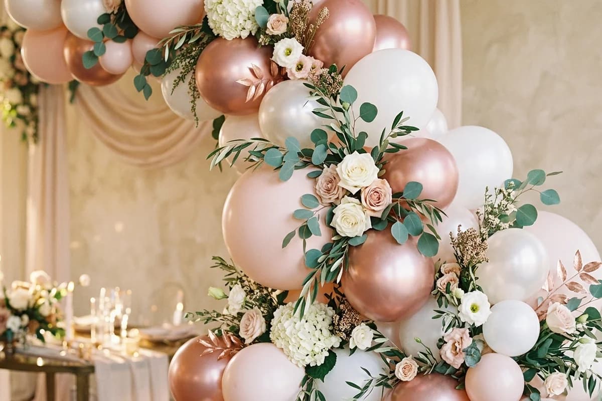 A blush and rose-gold engagement party balloon garland with florals