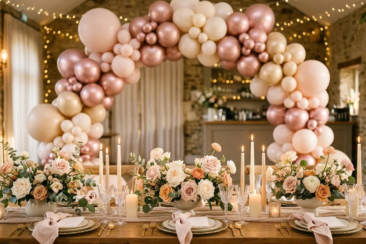 An elegantly styled engagement party setup with balloons and florals