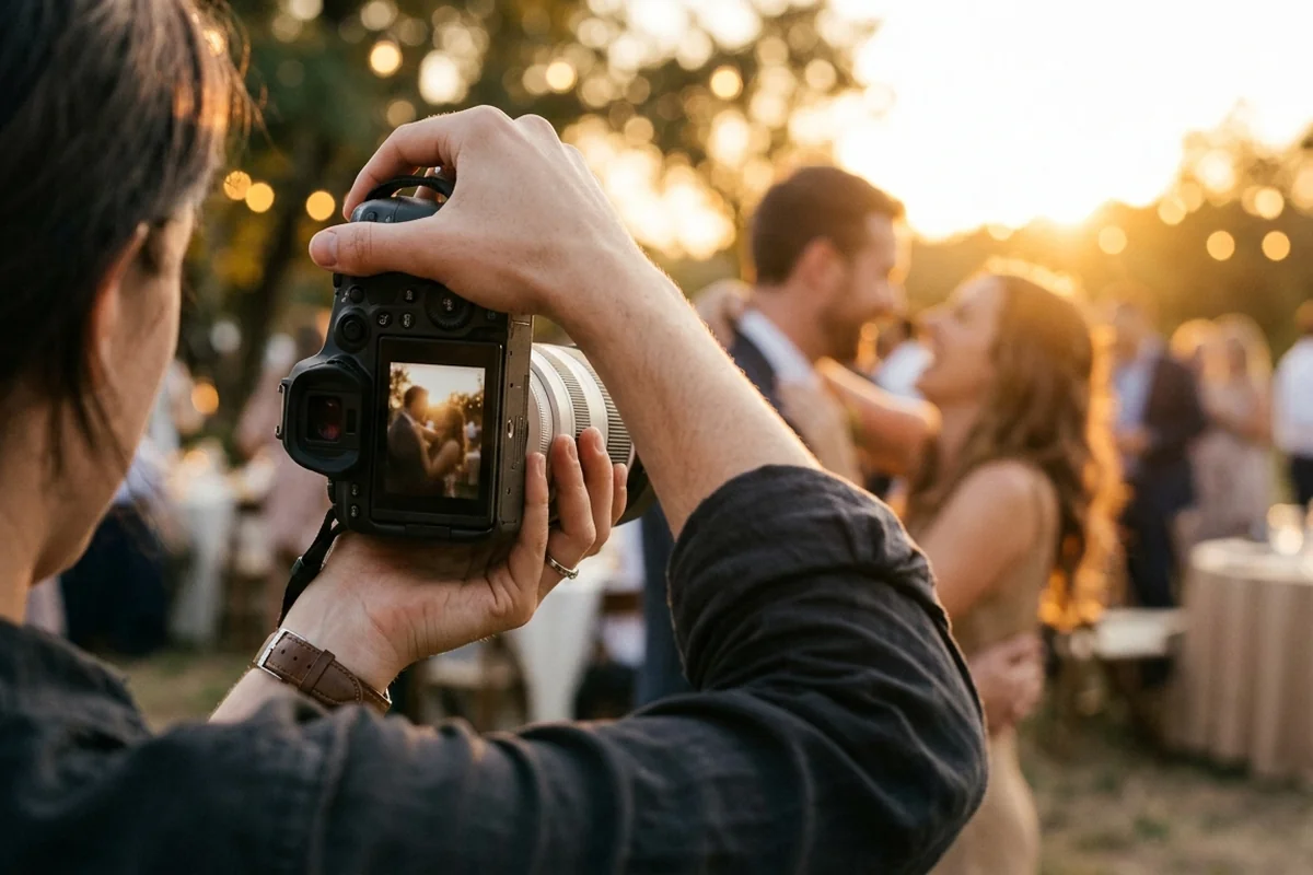 An engagement party photographer capturing a backlit couple among guests