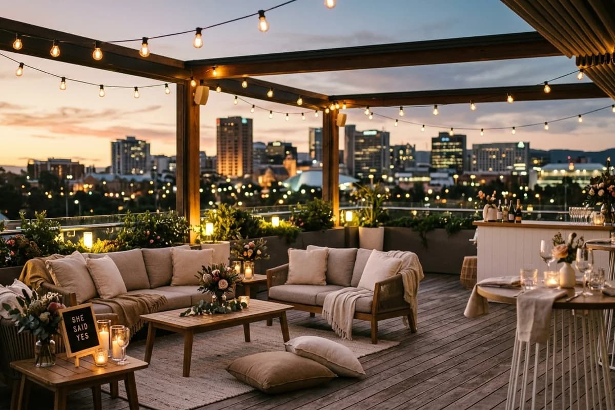 An Adelaide CBD rooftop bar set for an engagement party at twilight