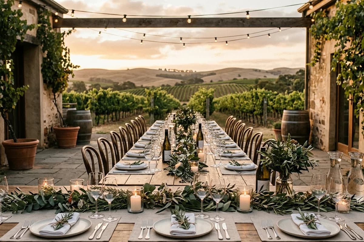A South Australian winery terrace set for an engagement party among the vines